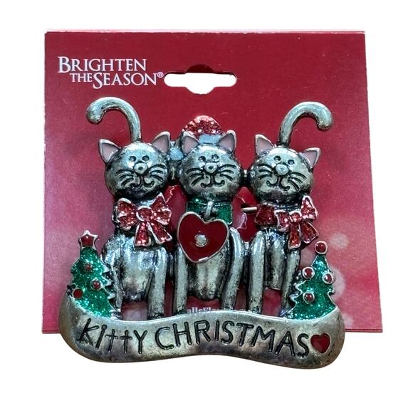 Kitty Cats Christmas brooch NEW on card giftable pewter Cat Fancier Holiday Pin - Picture 2 of 4